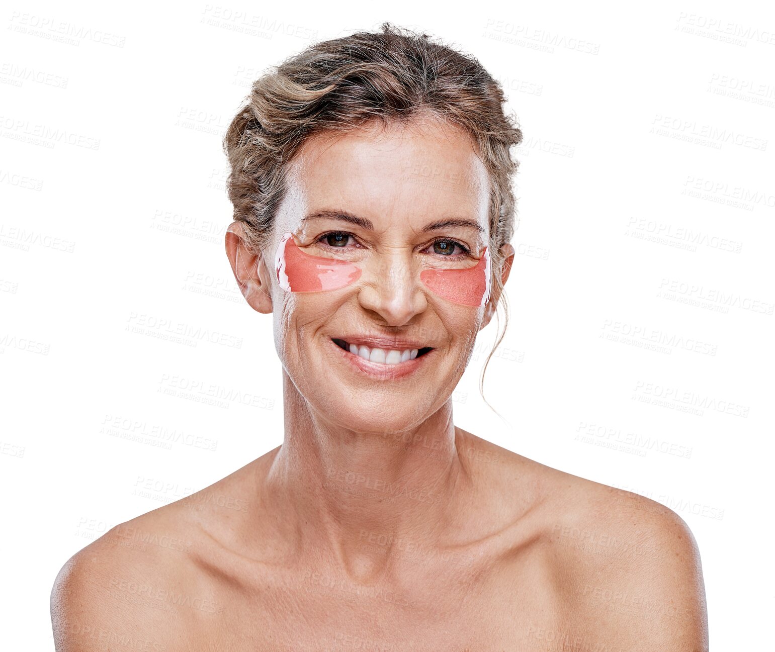 Buy stock photo Happy woman, face and eye patch for skincare, beauty or dermatology isolated on a transparent PNG background. Portrait of mature female person with big smile for facial treatment or mask under eyes