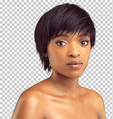 Buy stock photo Skincare, beauty and serious portrait of black woman on isolated, png and transparent background. Dermatology,  face and female person with natural cosmetics, makeup and healthy facial wellness