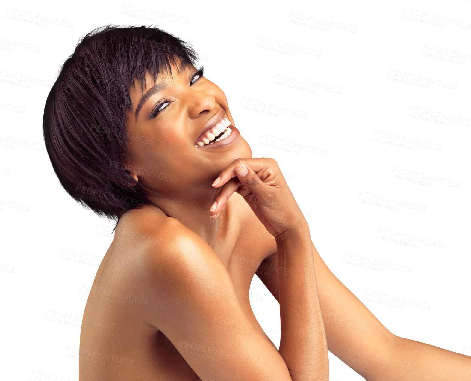 Buy stock photo Skincare, portrait and woman laughing while doing a natural, wellness and facial beauty routine. Self care, face and female model with a dermatology treatment isolated by transparent png background.