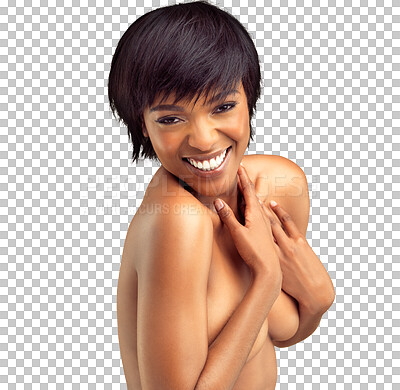 Buy stock photo Cover, beauty and portrait with body and woman in happiness on png or transparent and isolated background. Dermatology, face and self love with cosmetics with smile for wellness or skin with glow.