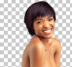 PNG Studio portrait of a beautiful shirtless young woman smiling 