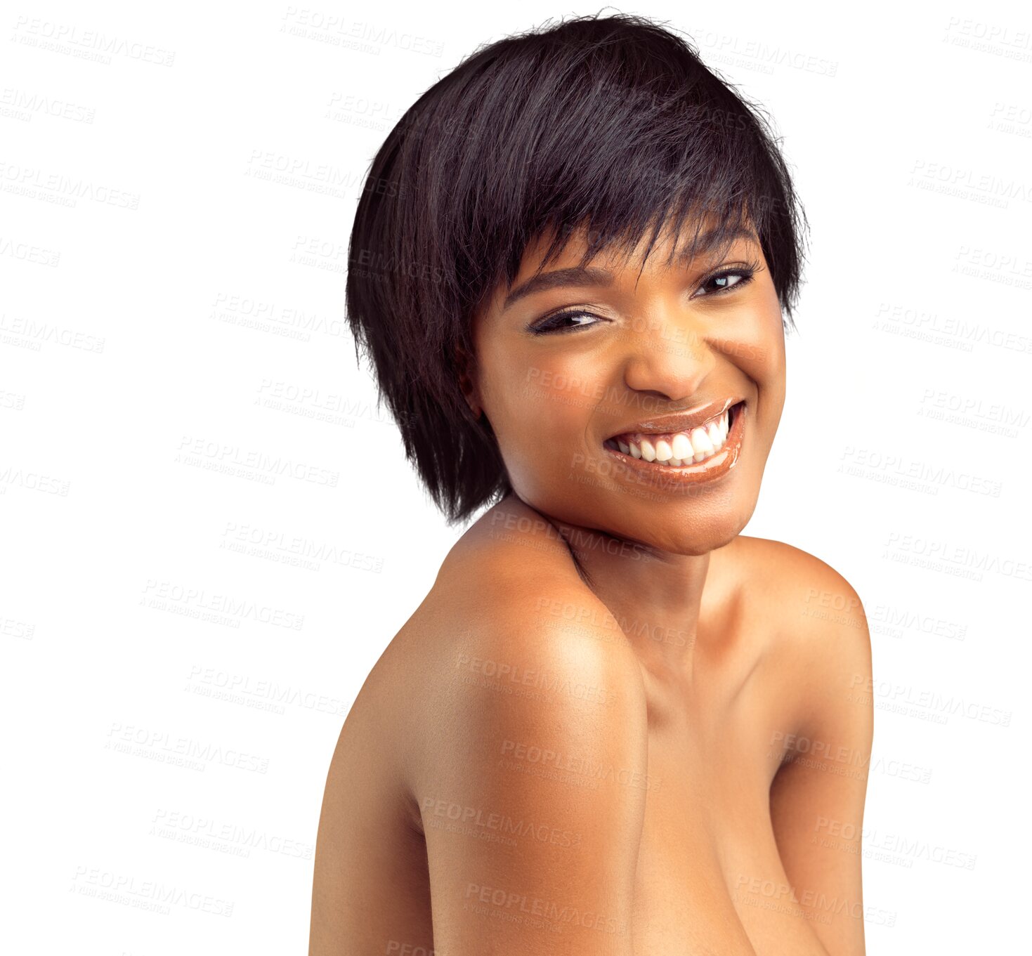 Buy stock photo Portrait, glow or black woman laughing with wellness isolated on transparent png background. Natural dermatology, funny face or happy sexy girl with facial skincare or smile for self love or beauty 