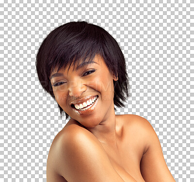 Buy stock photo Natural, portrait or funny black woman with beauty or self love isolated on transparent png background. Dermatology, laughing or happy African girl with facial cosmetics, glowing face or smile