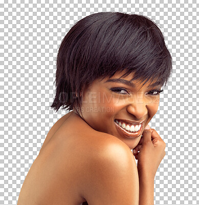 Buy stock photo Smile, portrait or funny black woman with natural beauty isolated on transparent png background. Dermatology, laughing or happy girl with facial skincare cosmetics, face results or glowing shine 