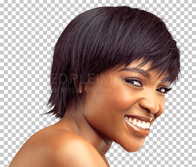 Buy stock photo Face portrait, hair care and happy woman with skincare smile, real African beauty and luxury facial makeup. Happiness, spa salon hairstyle and closeup person isolated on a transparent, png background