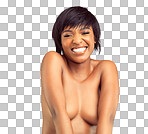 PNG studio portrait of a beautiful young shirtless woman laughing.