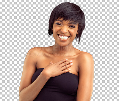 Buy stock photo Joke, funny and happy portrait of black woman with hairstyle  and smile isolated in a transparent or png background. Happiness, fashion and young female person with style, comedy and crazy humor