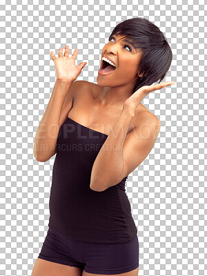 Buy stock photo Winning achievement, happy surprise and excited woman scream, cheers and celebrate reward announcement, win or prize. Victory winner, wow and shocked person isolated on transparent, png background