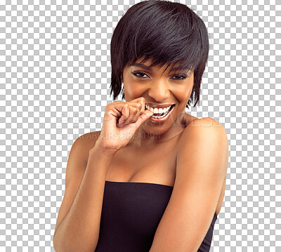 Buy stock photo Bite finger, flirting and portrait of black woman on isolated, png and transparent background. Love, natural beauty and face of female person smile with seductive gesture for romance, desire and fun