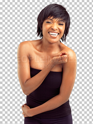 Buy stock photo Portrait, happiness and woman laugh, smile and happy for wellness, beauty treatment or natural skincare glow. Person laughing at funny joke, comedy or humor isolated on transparent, png background