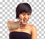 PNG Studio portrait of a beautiful young woman pointing at the camera 