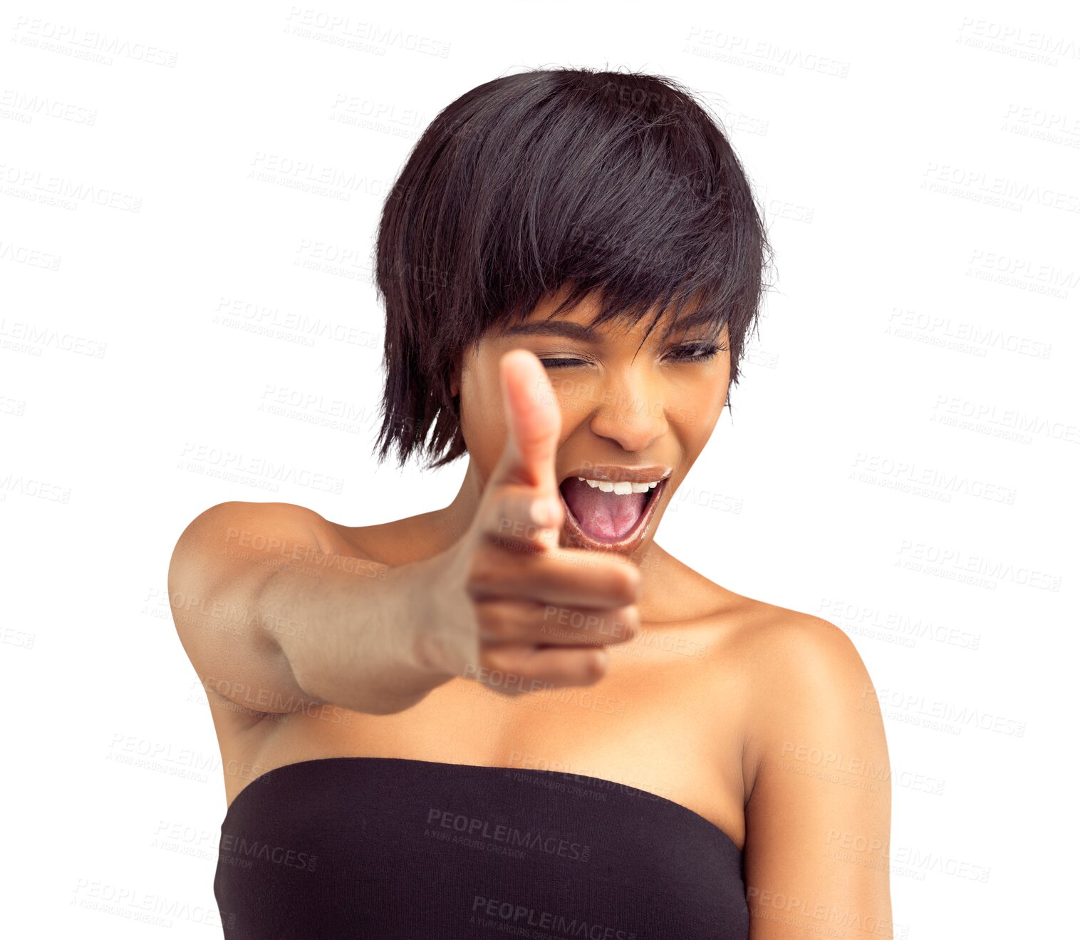 Buy stock photo Pointing, goal and woman winner excited for you, promotion and isolated in a transparent or png background. Decision, finger gun and young female person flirting and showing opportunity and selection