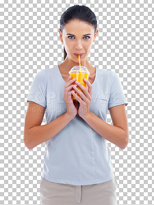 Buy stock photo Health, diet and woman drinking a smoothie for wellness, nutrition and liquid fruit detox. Healthy, weight loss and portrait of a female person with a juice isolated by a transparent png background.