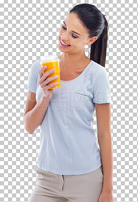 Buy stock photo Happy woman, smile and smoothie for healthy diet, nutrition or wellness isolated on a transparent PNG background. Female person smiling with orange fruit juice, cocktail or natural organic beverage