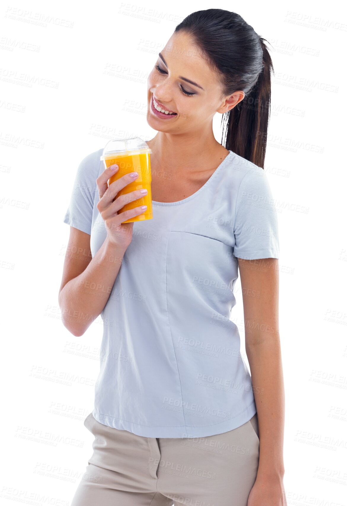 Buy stock photo Happy woman, smile and smoothie for healthy diet, nutrition or wellness isolated on a transparent PNG background. Female person smiling with orange fruit juice, cocktail or natural organic beverage