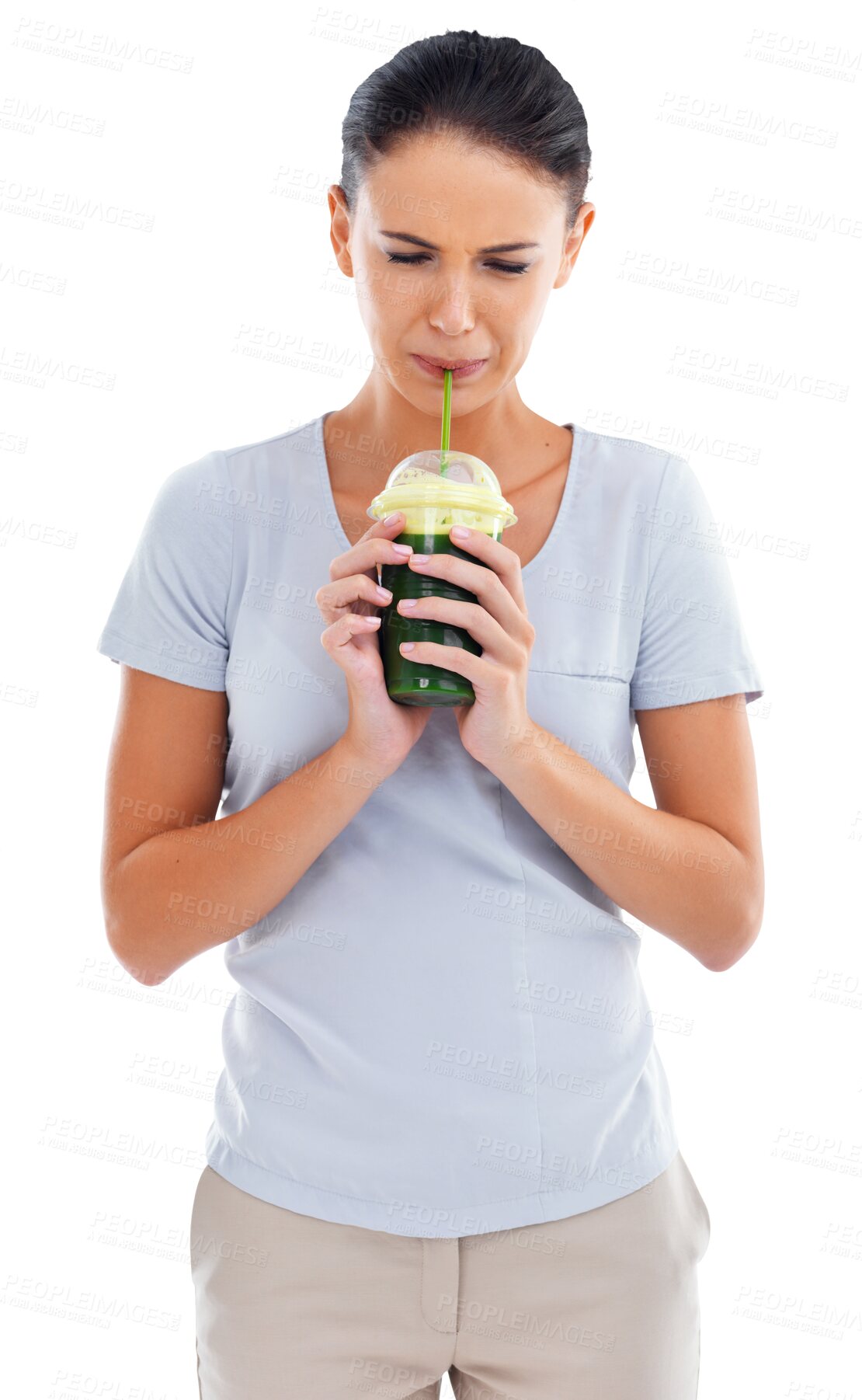 Buy stock photo Green smoothie, gross and woman with weight loss and vegetable drink for wellness. Health food, female person and drinking isolated on a transparent, png background with nutrition and detox juice