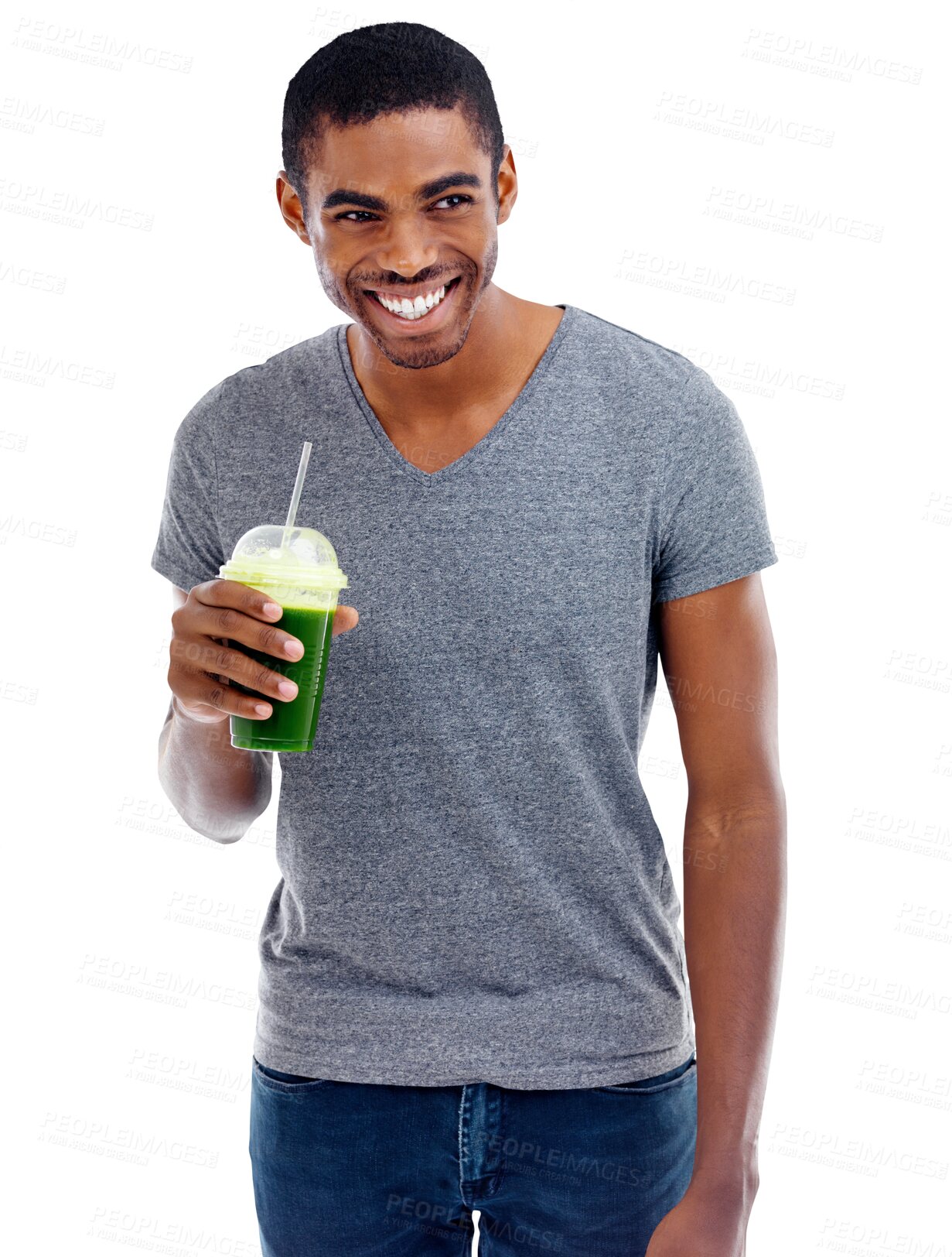 Buy stock photo Diet, health and man with a green juice for detox, nutrition and energy from healthy breakfast. Wellness, weight loss and African male model with fruit smoothie isolated by transparent png background