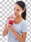 PNG Studio shot of a beautiful young woman enjoying a fruit smoothie