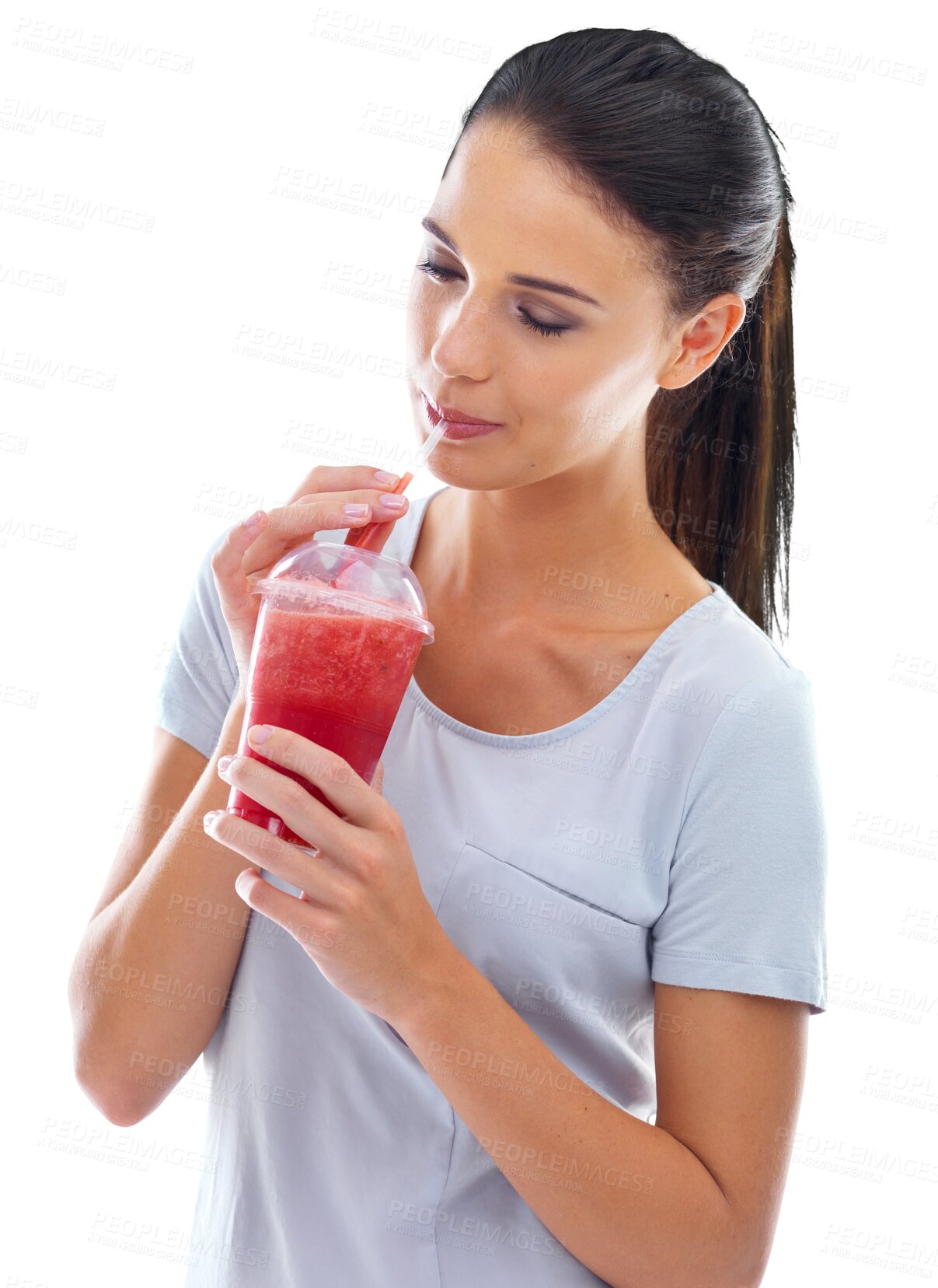 Buy stock photo Woman, diet and drinking smoothie for health and wellness isolated on a transparent PNG background. Female person or model with smile for healthy fruit juice, cocktail or natural organic beverage