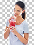 PNG Studio shot of a beautiful young woman enjoying a fruit smoothie