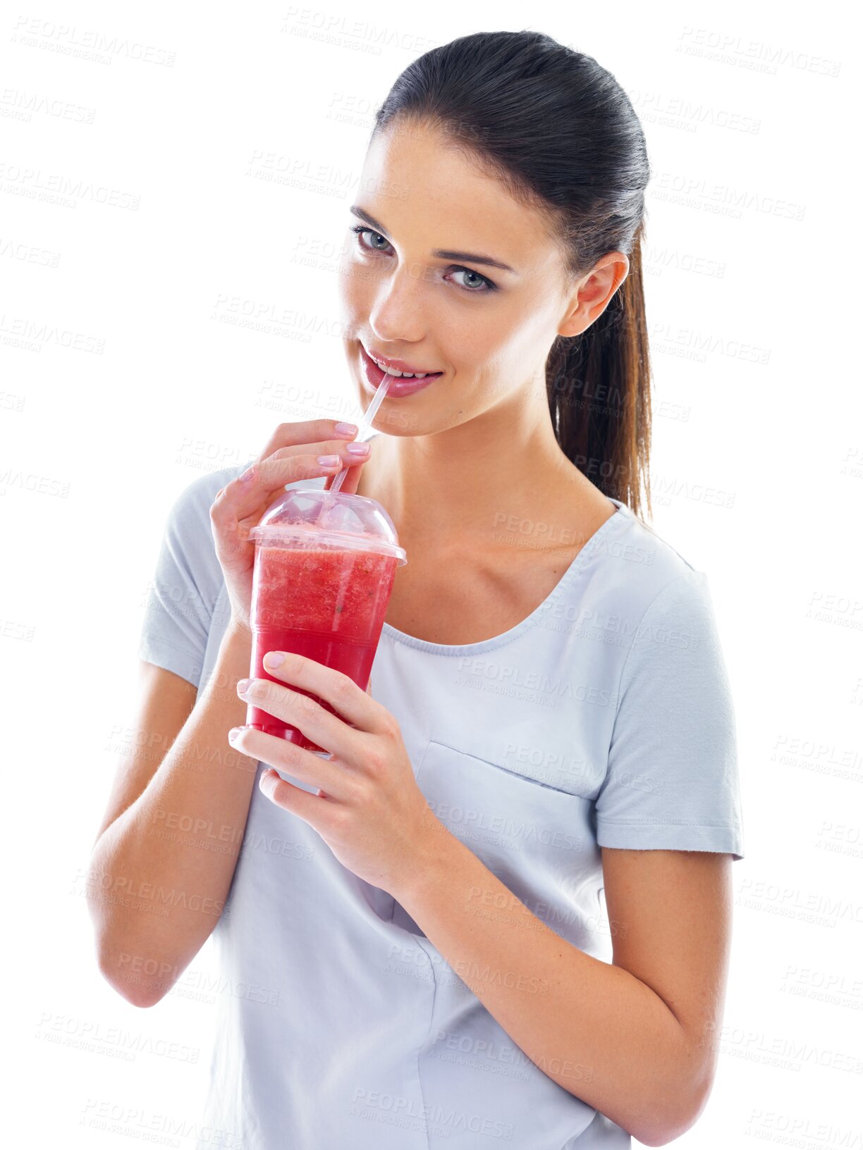 Buy stock photo Happy woman, portrait and drinking smoothie in diet, health or wellness isolated on a transparent PNG background. Female person or model with smile for healthy fruit juice or natural organic beverage