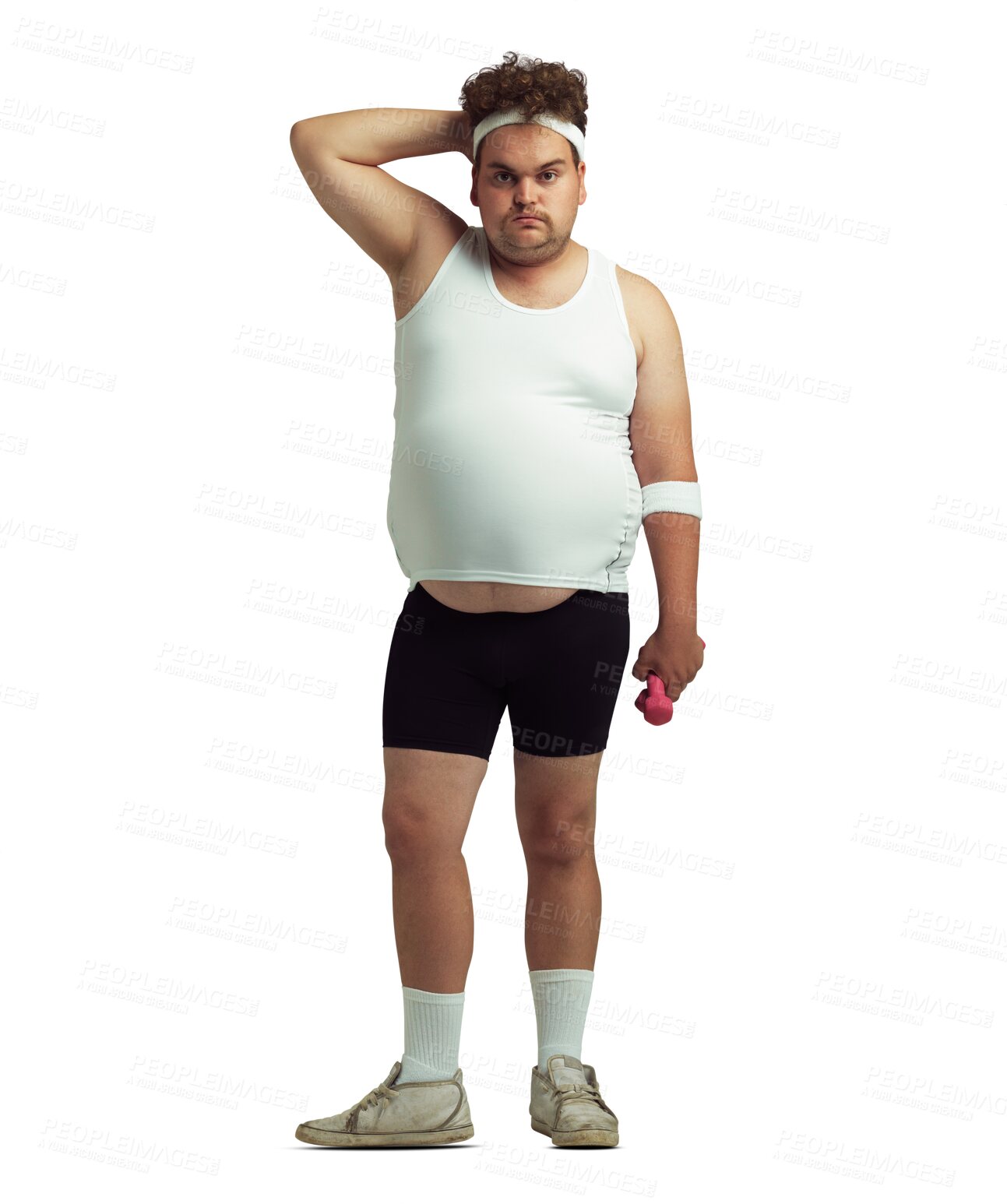 Buy stock photo Plus size, man portrait and dumbbell for fitness, workout and sport exercise. Male person, funny and isolated on a transparent, png background with weight lifting and training for health and wellness