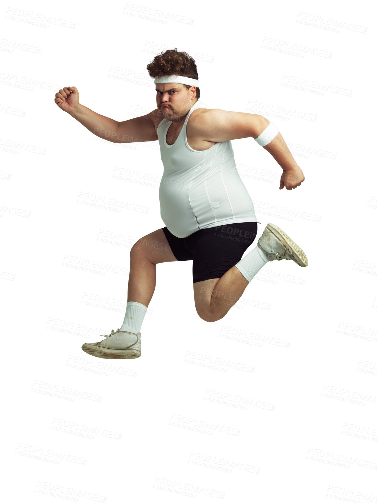 Buy stock photo Jump exercise, plus size and portrait man running, funny air jumping and focus on health, exercise goals or diet. Motivation, weight loss and training person isolated on transparent, png background