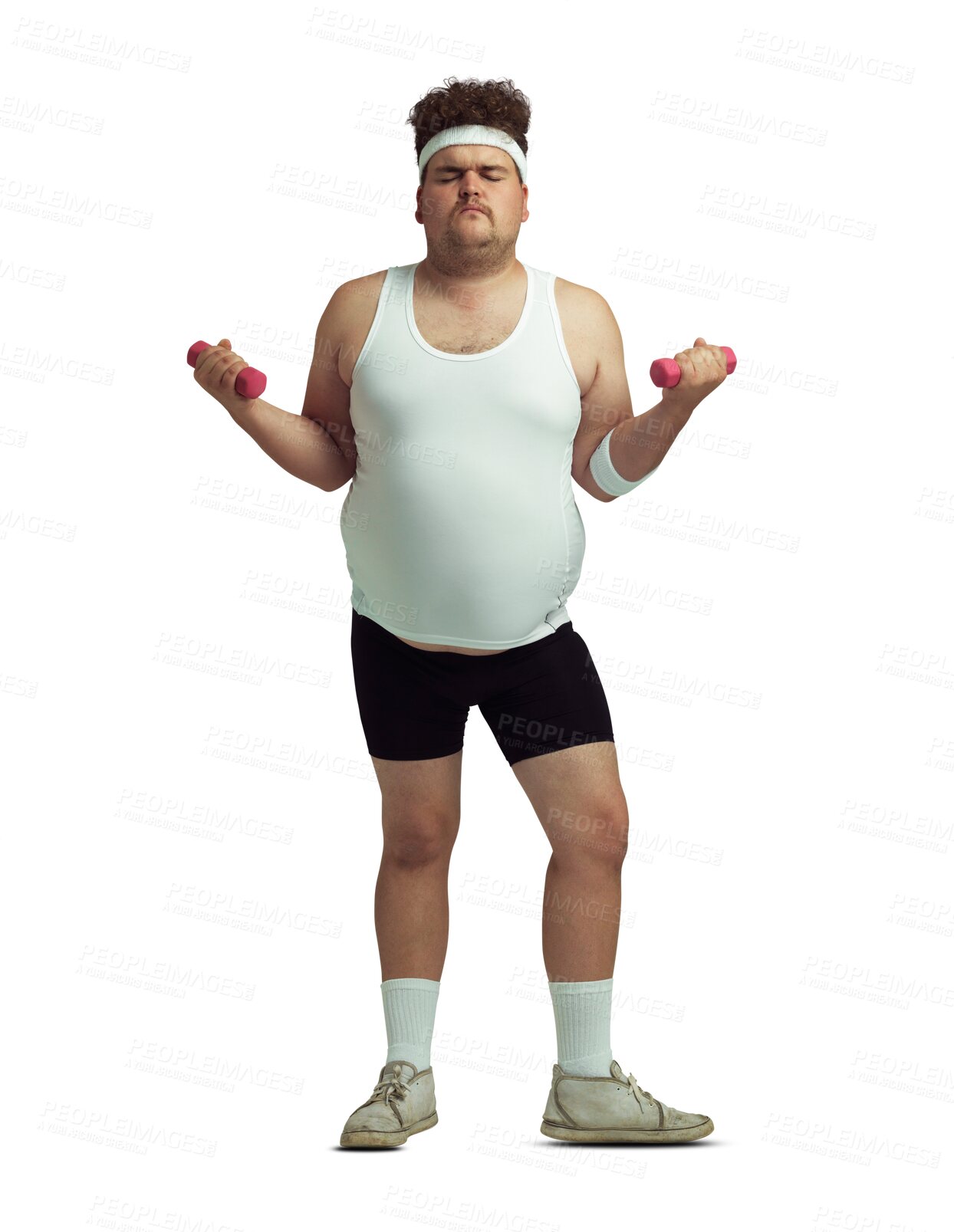 Buy stock photo Fitness, dumbbells and funny plus size man on isolated, png and transparent background. Sports, weights and male person ready for training, exercise and workout for weight loss, wellness and health