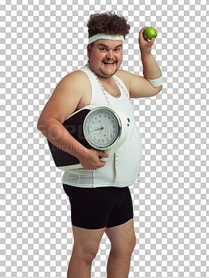 Buy stock photo Apple, scale and plus size man portrait with weight loss diet and healthy goals with a smile. Funny person, fruit and isolated on a transparent, png background with workout and nutrition for wellness