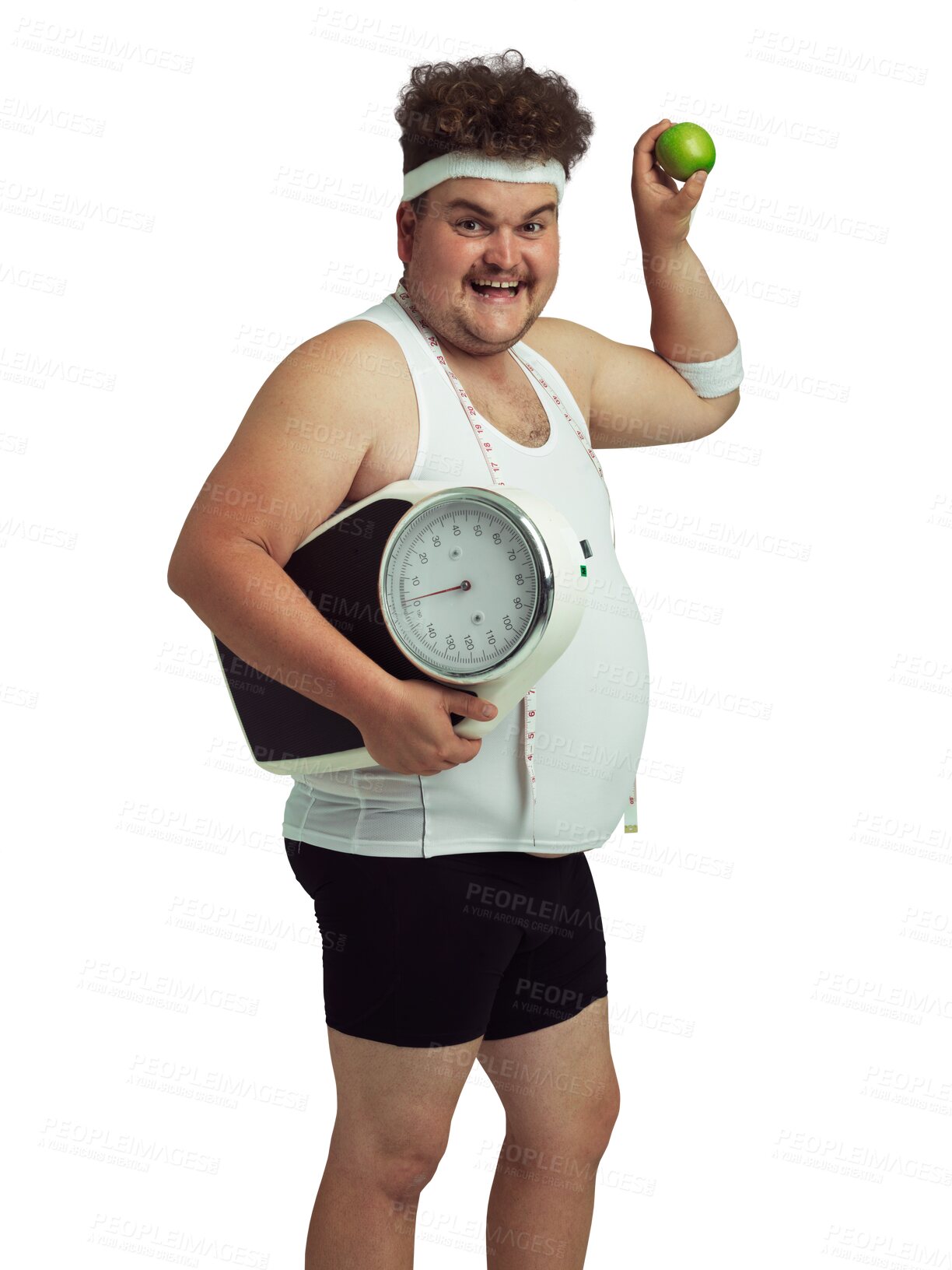 Buy stock photo Apple, scale and plus size man portrait with weight loss diet and healthy goals with a smile. Funny person, fruit and isolated on a transparent, png background with workout and nutrition for wellness