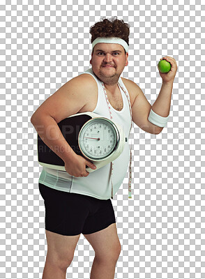 Buy stock photo Apple, health scale and plus size man portrait with weight loss and body goals with diet. Male person, fruit and isolated on a transparent, png background ready for workout feeling funny with joke