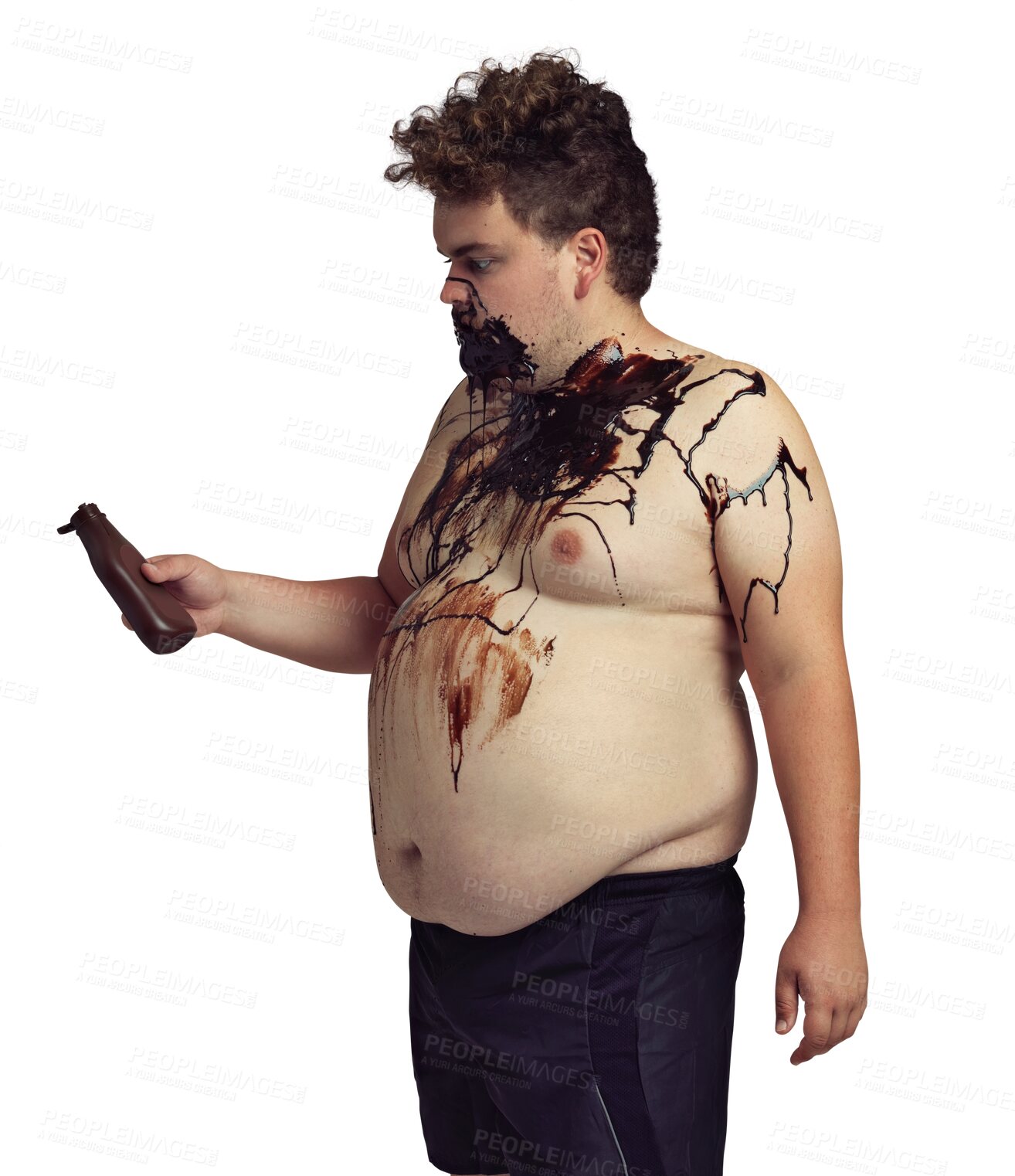 Buy stock photo Chocolate sauce bottle, unhealthy and plus size man covered with junk food dessert, sugar sweets or candy. Binge eating problem, bad lifestyle and messy person isolated on transparent, png background