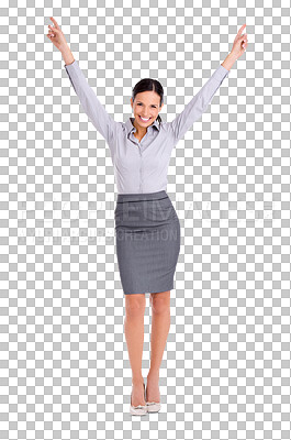 Buy stock photo Celebrate, success and portrait of business woman on isolated, PNG and transparent background. Corporate worker, winner and excited female person arms in air for winning bonus, profit and promotion