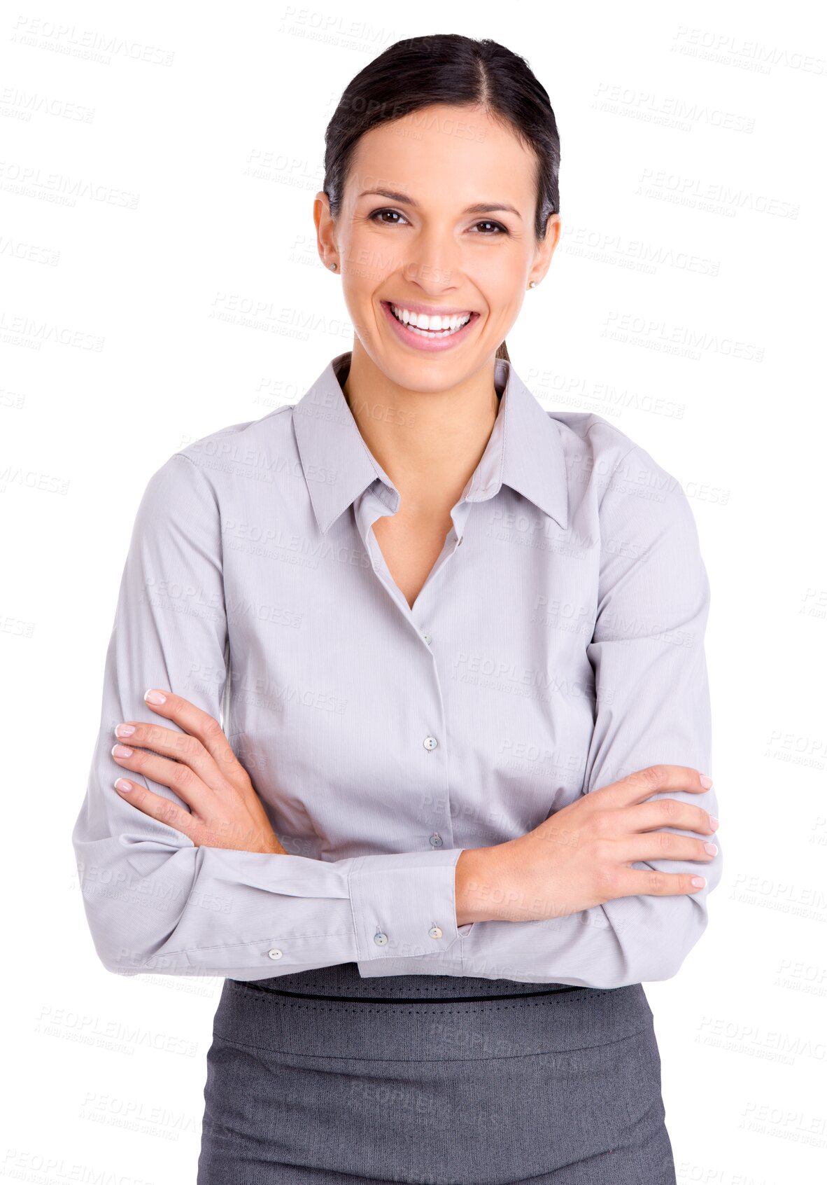 Buy stock photo Business woman, happy portrait and arms crossed of professional isolated on a transparent, png background. Corporate, female person and smile with confidence as entrepreneur at career in Brazil