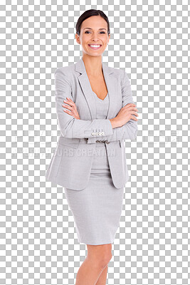 Buy stock photo Business woman, entrepreneur and smile with arms crossed, portrait and fashion of corporate style. Female worker, success and isolated on a transparent png background with professional career 