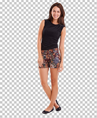 Buy stock photo Woman, smile and portrait with elegant style and modern isolated on a transparent, png background. Happy, female person joy and trendy summer clothing with youth and confidence from cool fashion