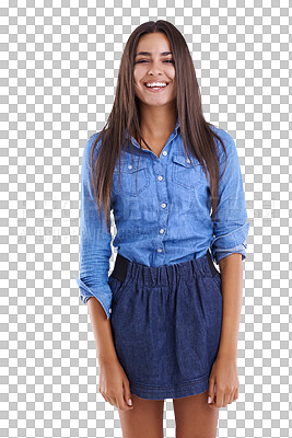 Buy stock photo Laugh, portrait and woman in denim fashion on isolated, transparent and png background. Face, happy and stylish female model smile in modern outfit, cute or laughing, young or casual aesthetic