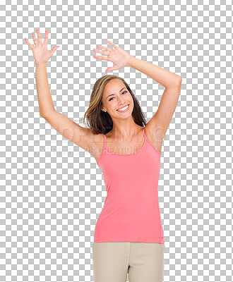 Buy stock photo Happy, woman dance and portrait with smile and celebration with casual fashion and motivation. Joy, dancing and isolated on transparent, png background with female person feeling excited with freedom