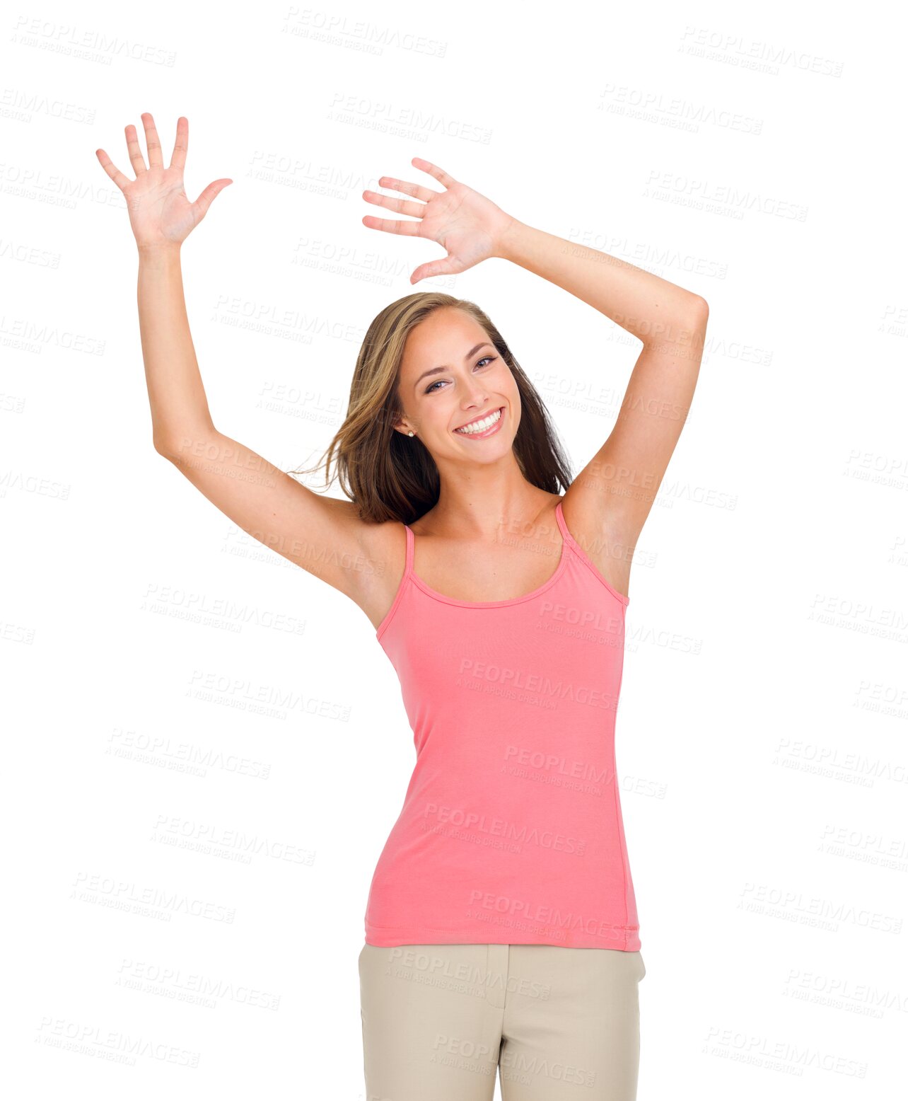 Buy stock photo Happy, woman dance and portrait with smile and celebration with casual fashion and motivation. Joy, dancing and isolated on transparent, png background with female person feeling excited with freedom