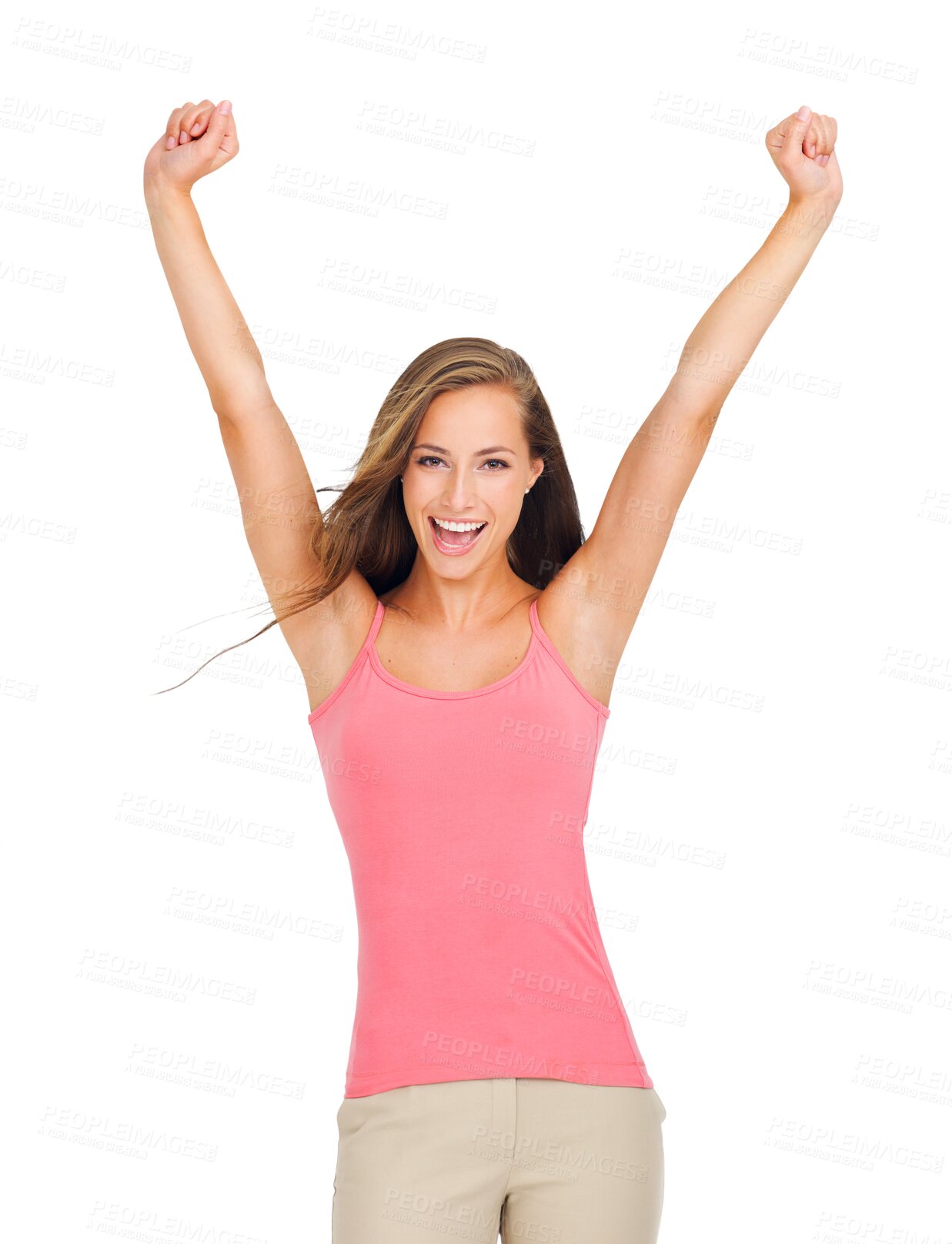 Buy stock photo Happy, woman and celebrate portrait with open arms and celebration with winning smile. Wow, motivation and isolated on a transparent, png background with female person feeling excited with success