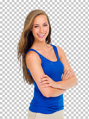 Buy stock photo Portrait, smile and woman with arms crossed in casual, outfit and isolated, transparent or png background. Fashion, face and lady person happy while posing proud in modern, clothes or cool aesthetic