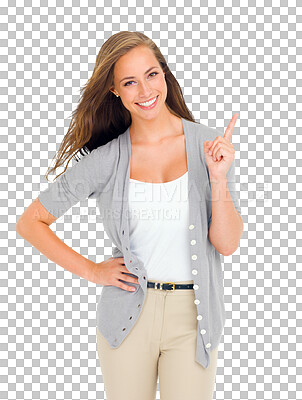 Buy stock photo Portrait, pointing up and woman with a deal, opportunity and promotion isolated against a transparent background. Face, female person and model showing, decision and presentation with png and choice