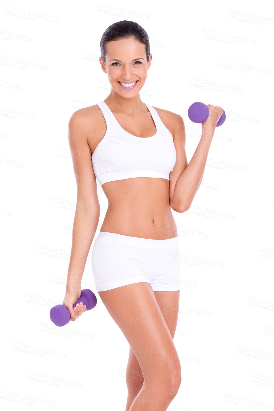 Buy stock photo Fitness, dumbbell and body portrait of woman with smile isolated on transparent png background, motivation and health. Sports, happy and confident girl, muscle training progress and exercise workout.