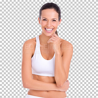 Buy stock photo Body care, fitness and portrait of happy woman with healthy lifestyle on isolated, transparent and png background. Exercise, face and female person excited for lose weight, detox or diet results 