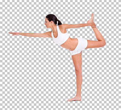 Buy stock photo Stretching, pilates and fitness by woman training on isolated, transparent and png background. Yoga, balance and female stretch, flexible and leg pose for exercise, wellness and body care workout