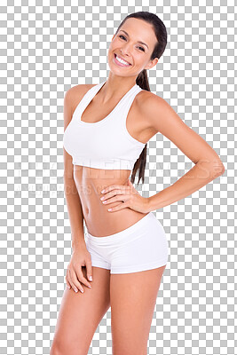 Buy stock photo Fitness, smile and portrait of woman in underwear, health, wellness and model isolated on transparent png background. Sports, happy and confident girl with gym mindset, motivation and body exercise.