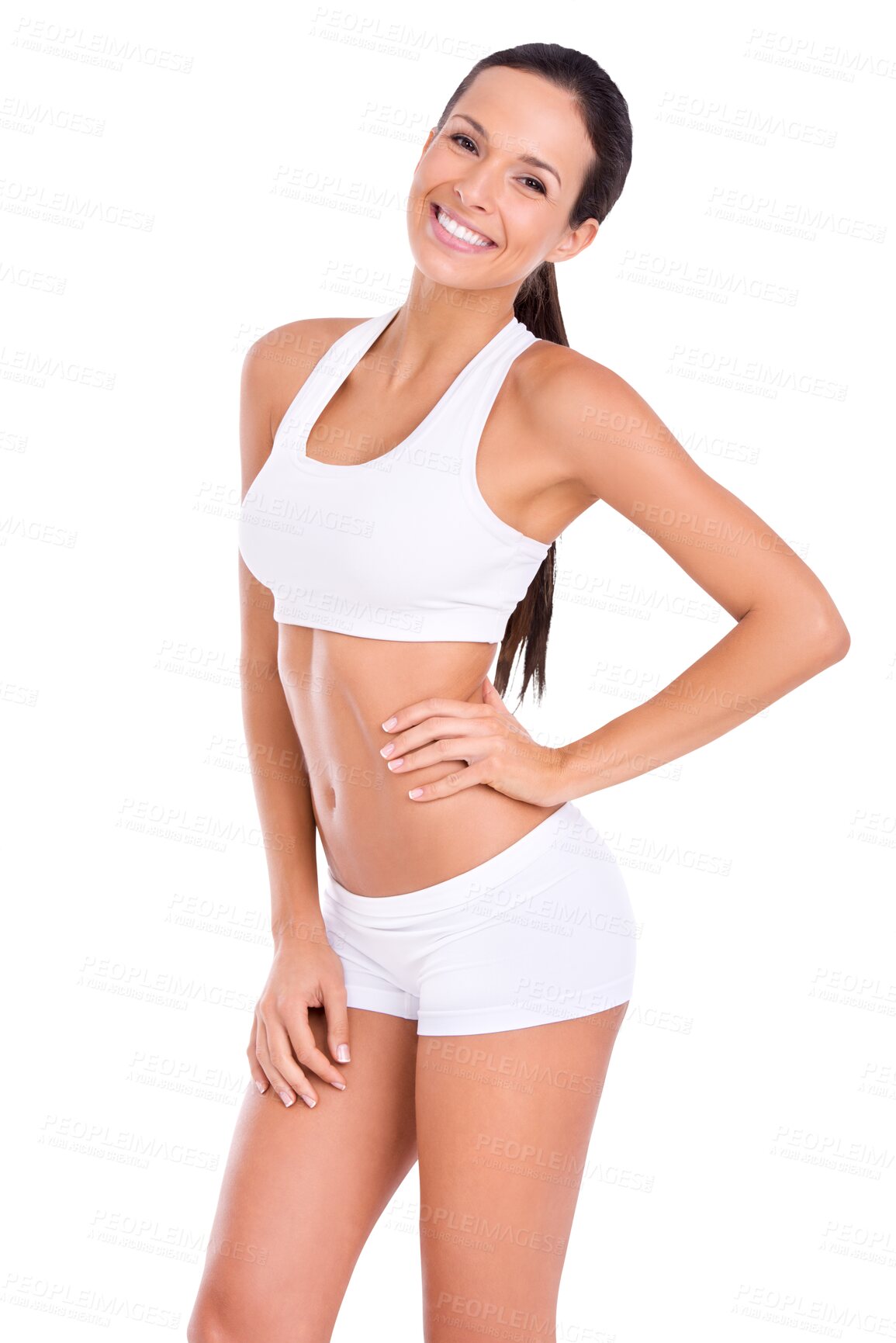 Buy stock photo Fitness, smile and portrait of woman in underwear, health, wellness and model isolated on transparent png background. Sports, happy and confident girl with gym mindset, motivation and body exercise.