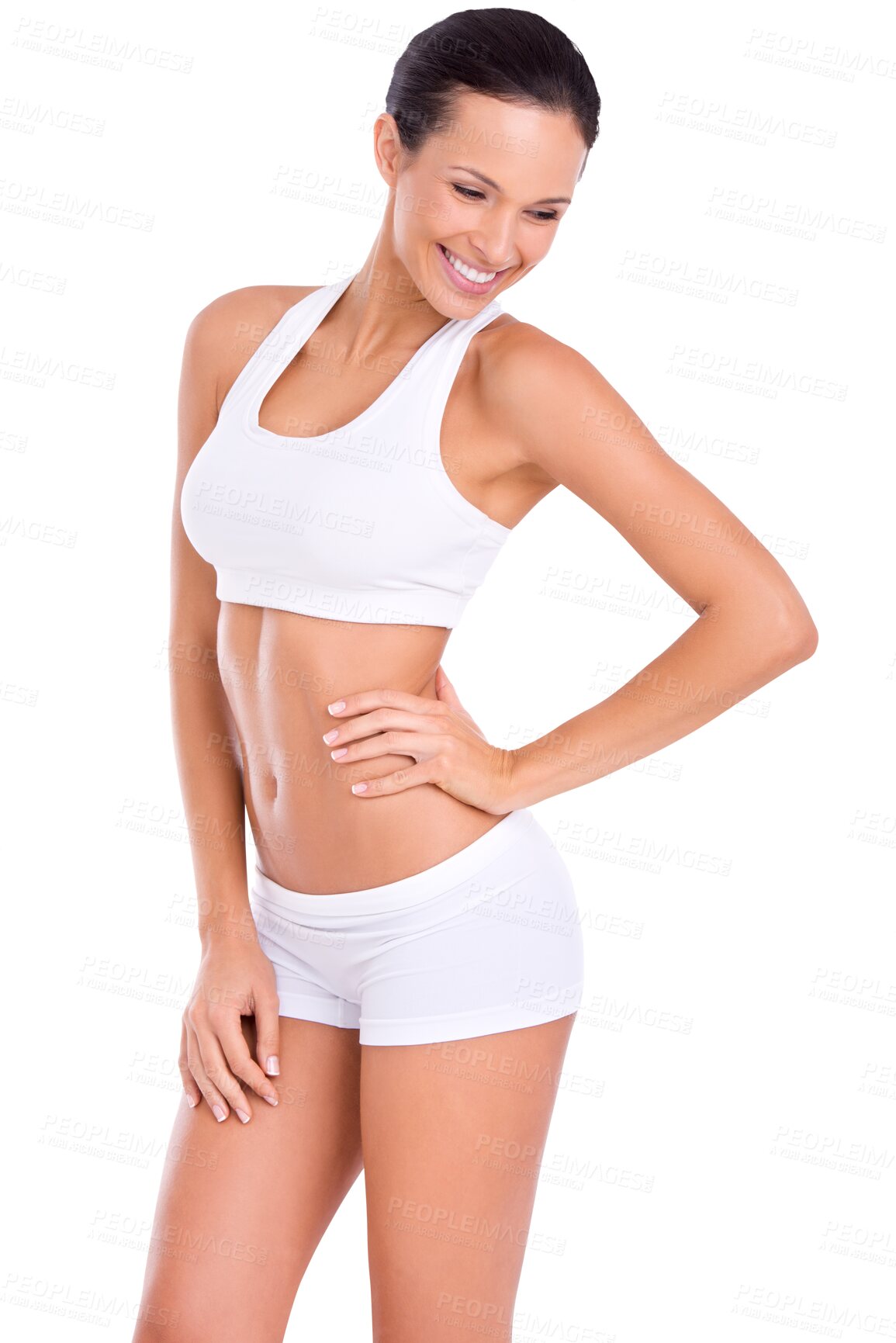 Buy stock photo Fitness, body and happy woman in underwear isolated on transparent png background with motivation for gym. Smile, sports fashion and confident girl with workout progress, diet and training exercise.