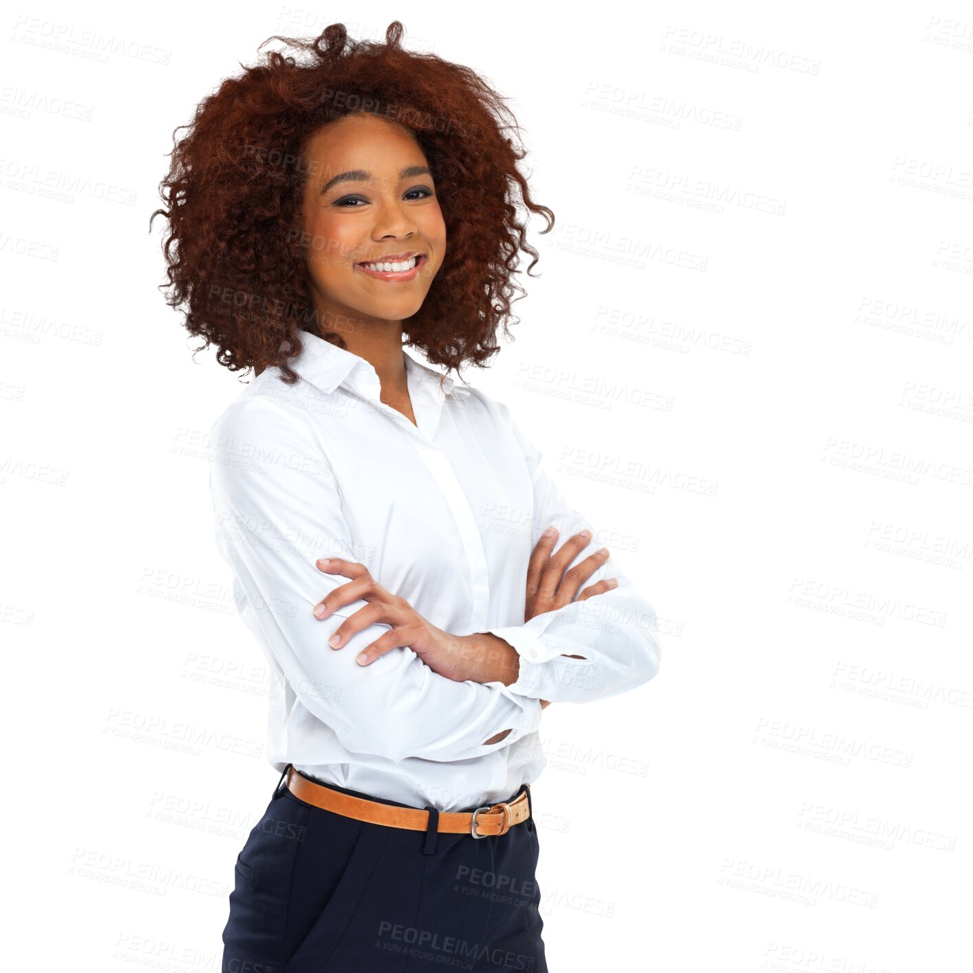 Buy stock photo Black woman, arms folded and portrait with a smile on isolated, transparent and png background. Face, leader and African female manager standing in power, confident or ambitious, positive and mindset