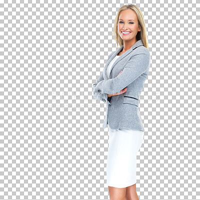 Buy stock photo Mature, portrait and business woman with arms crossed on isolated, transparent and png background. Face, smile and confident female ceo happy, proud and posing in power, leader and professional